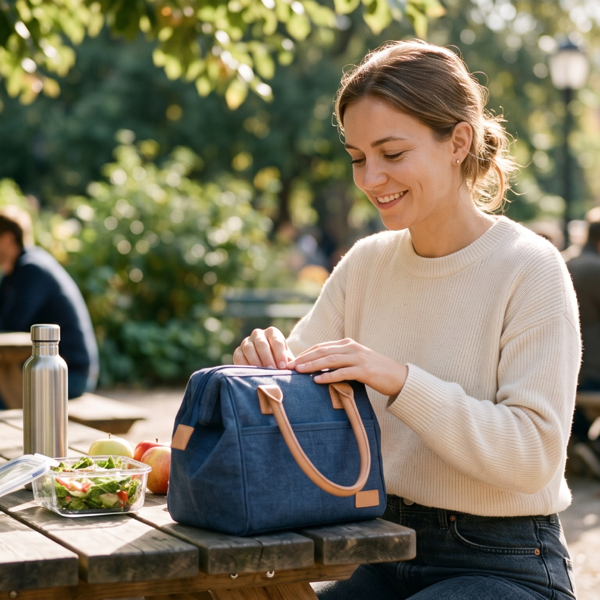 Woman packing backpack outdoors